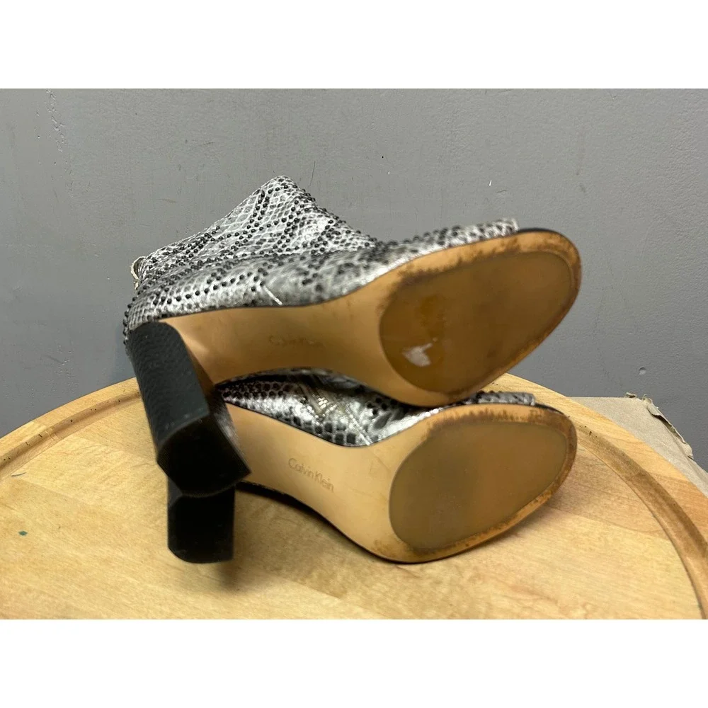 Calvin Klein Jules Booties Women 9.5 Silver Metallic Snakeskin Beaded Peep Toe